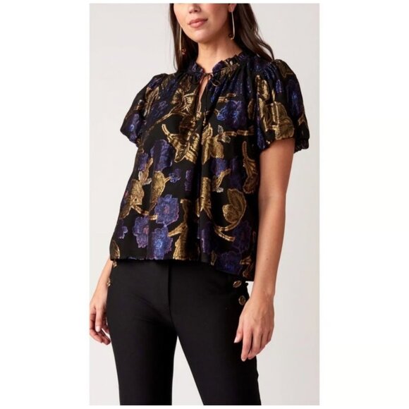 Sea New York Tops - SEA NEW YORK Metallic Floral Puff Sleeve Blouse | Shimmer Dressy Top size Small